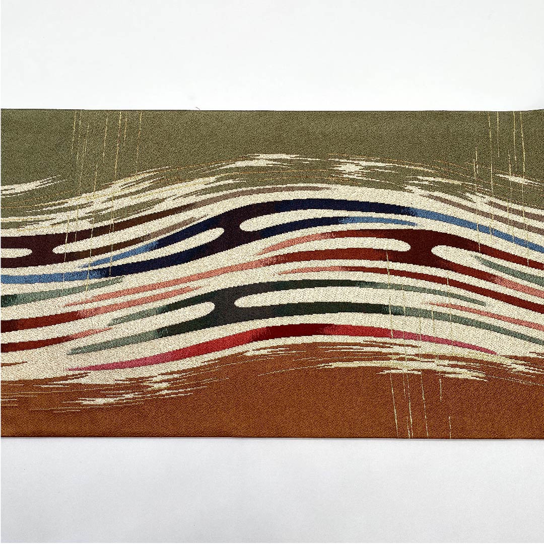 袋帯 灰緑色(はいみどりいろ) 白綾苑大庭 幾何学模様 帯丈430cm 正絹 Aランク 六通 カジュアル グラデーション系 1123009393399