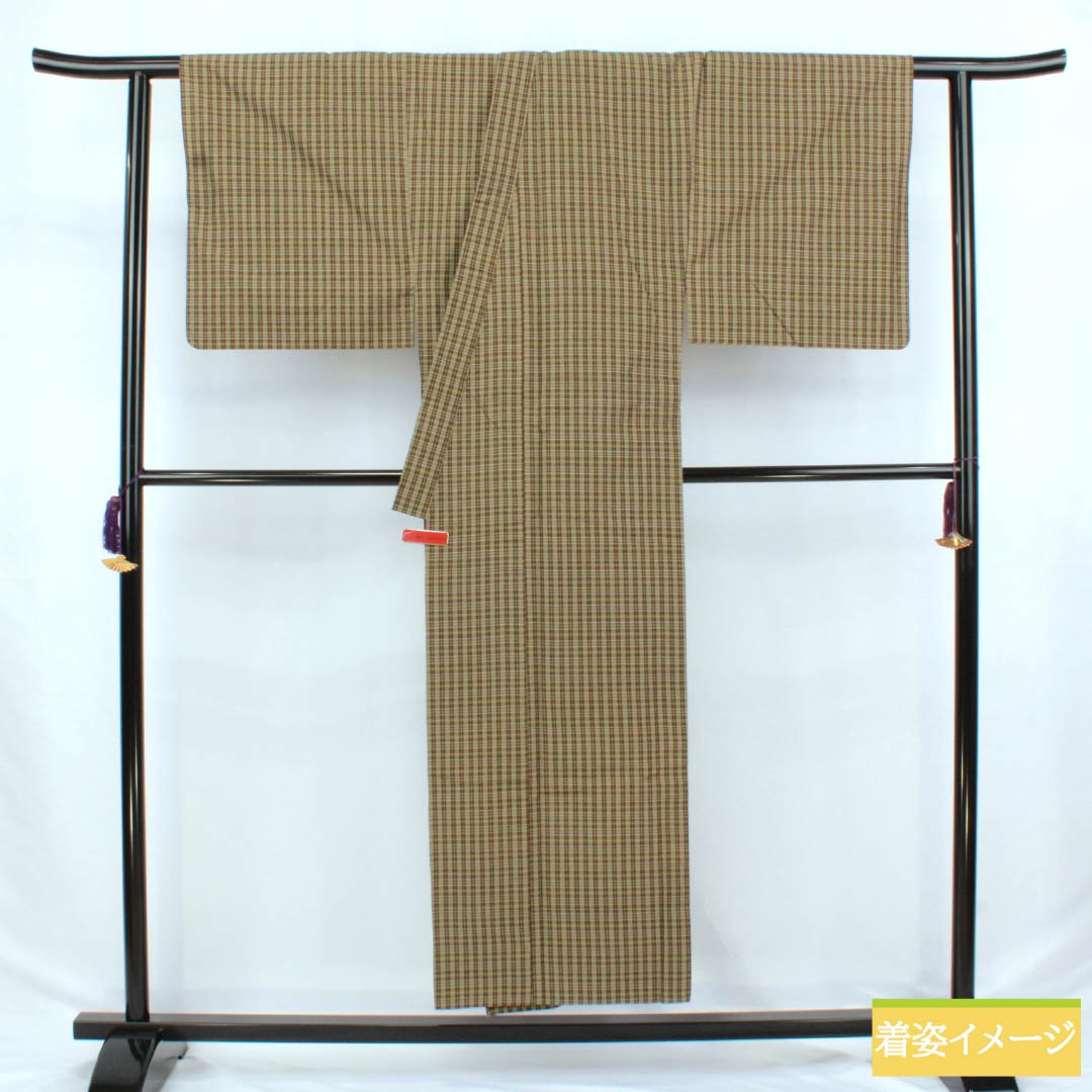 男物 木綿 Sランク 身丈148.5cm 裄丈68cm 利休生壁色(りきゅうなまかべいろ) 憲法茶色(けんぽうちゃいろ) チェック柄 内ポケット付き 単衣 緑系 1119001092419