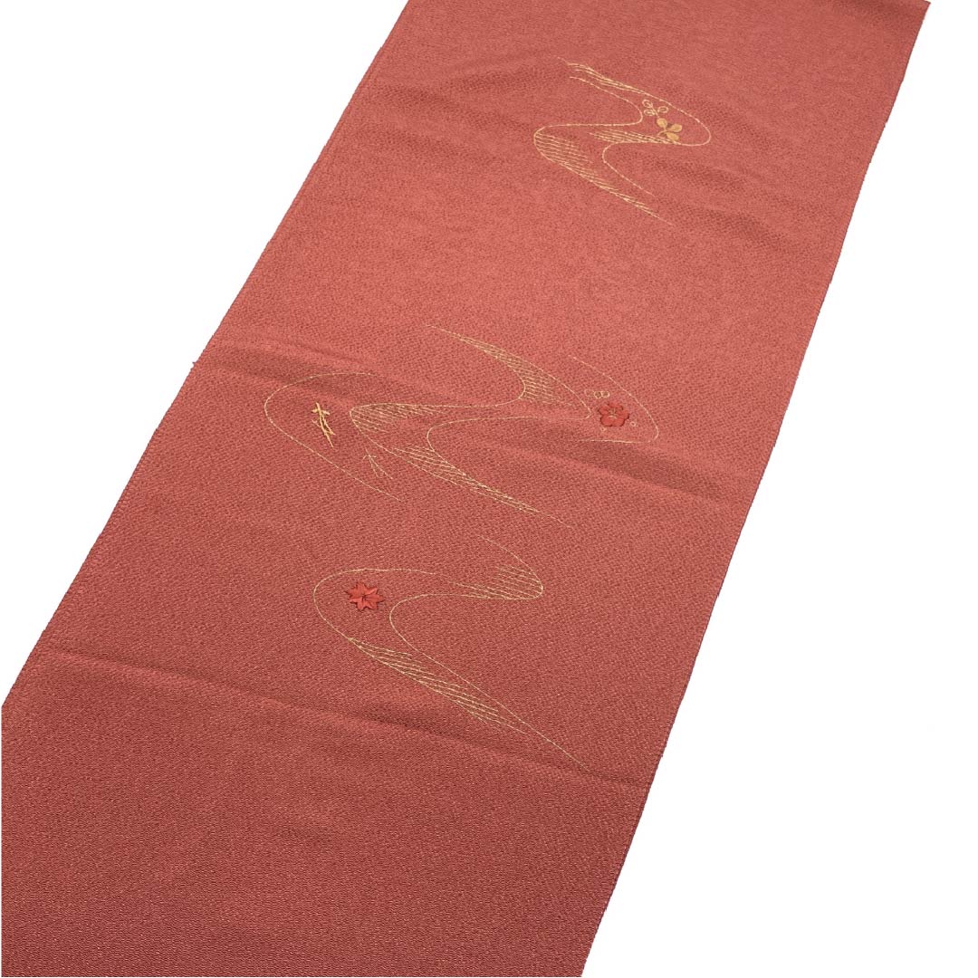 Obiage, pure silk, semi-formal, bengara color, autumn leaves, embroidery, classic pattern, length 170cm, width 29cm, S rank, brown, 1136000492914