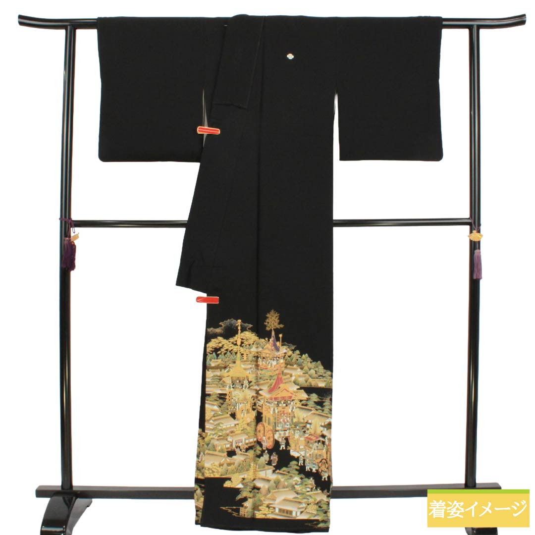 黒留袖 正絹 Aランク 身丈166.5cm 裄丈66.5cm 袷 京友禅 時代人物風景模様 五つ紋 木瓜 比翼付き 五つ紋 黒系 1111002353510
