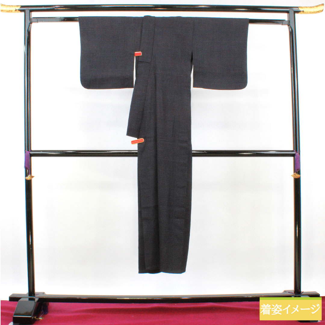 Tsumugi, pure silk, length 141cm, sleeve length 61.5cm, indigo dye, cross-patterned kasuri, S rank, single layer, navy blue, 1116003182118