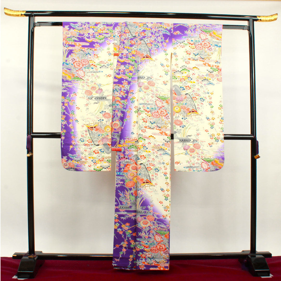 振袖 身丈162cm 裄丈65cm 袷 京紅型 松竹梅 菊 風景模様 正絹 Sランク 白系 1113001632411