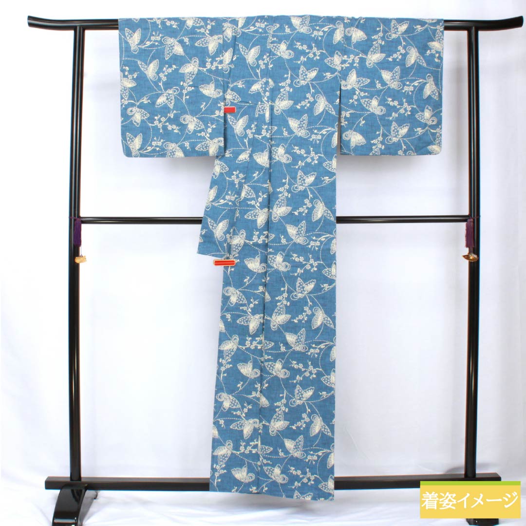 浴衣 木綿 身丈160cm 裄丈66cm Sランク 単衣 青系 青黛色(せいたいいろ) 梅 蝶 1118005882417