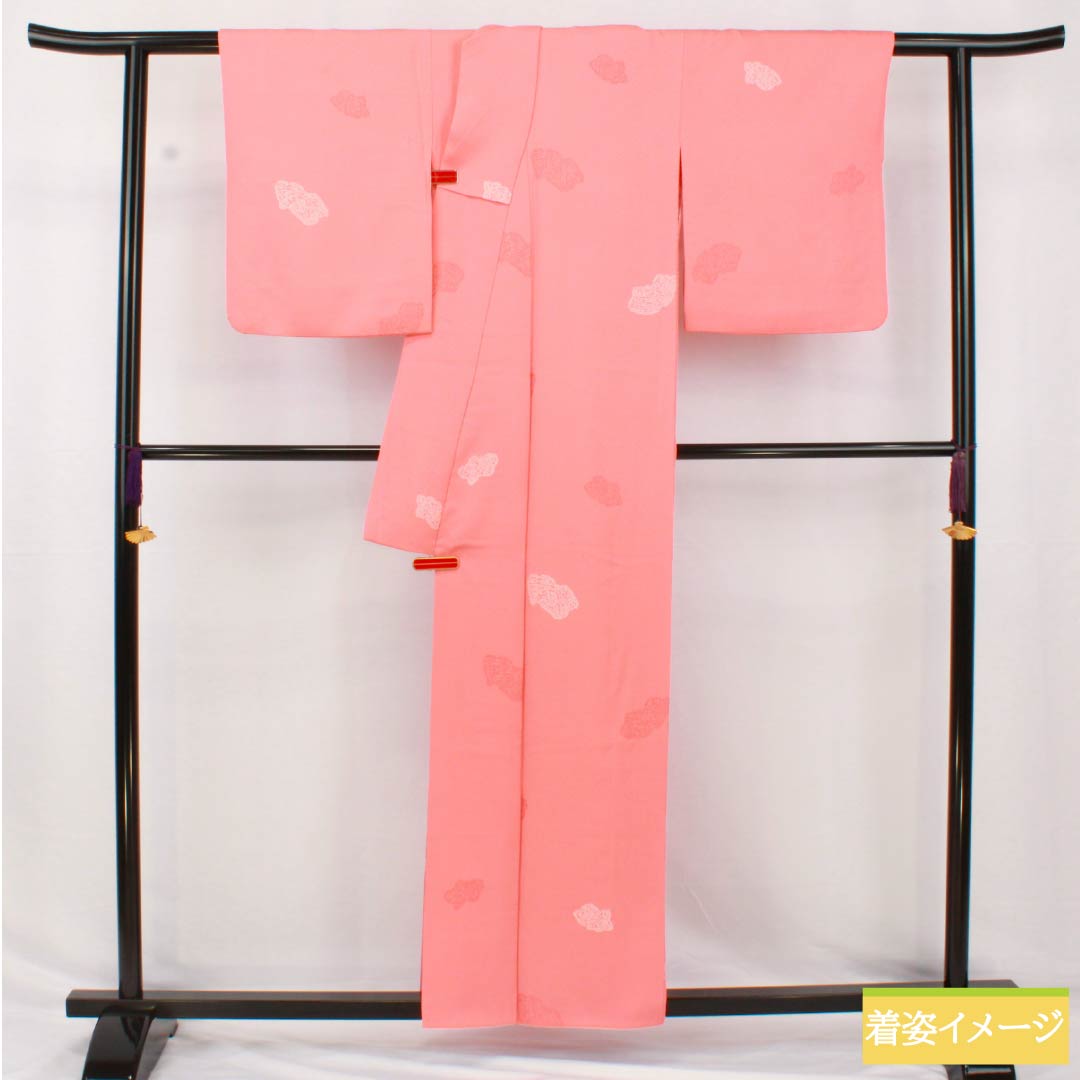 小紋 正絹 身丈158.5cm 裄丈64.5cm 袷 珊瑚色(さんごいろ) 抽象柄 Sランク ピンク系 1115005002313