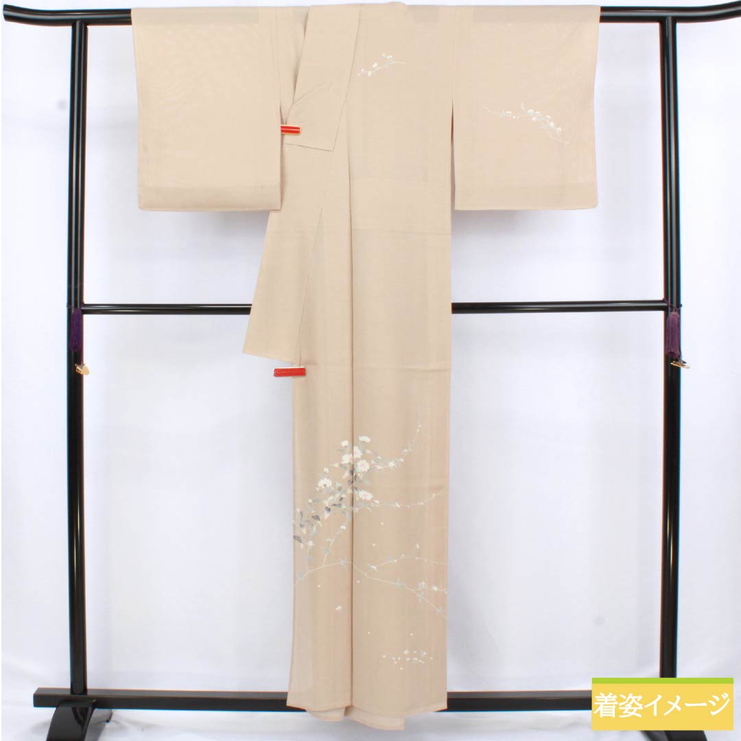 夏物 正絹 訪問着 身丈157cm 裄丈63cm 薄香色(うすこういろ) 草花模様 京友禅 絽 Sランク ベージュ系 1132002752325