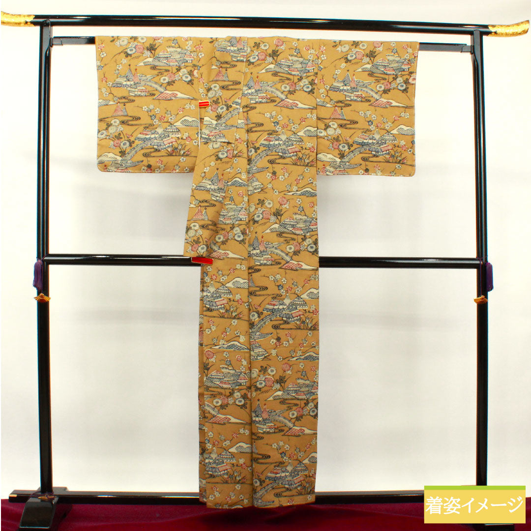 小紋 正絹 身丈154.5cm 裄丈67cm 袷 猟虎色 京紅型 茶屋辻 しつけ糸付き Sランク 茶系 1115003702214