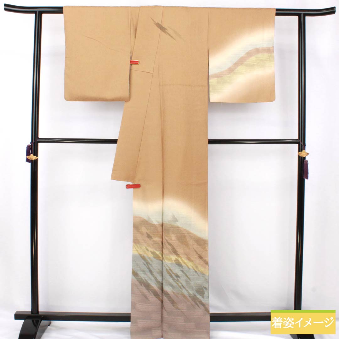 訪問着 正絹 Aランク 袷 身丈164.5cm 裄丈63cm 淡朽葉色(うすくちばいろ) 抽象模様 ベージュ系 1112007463425