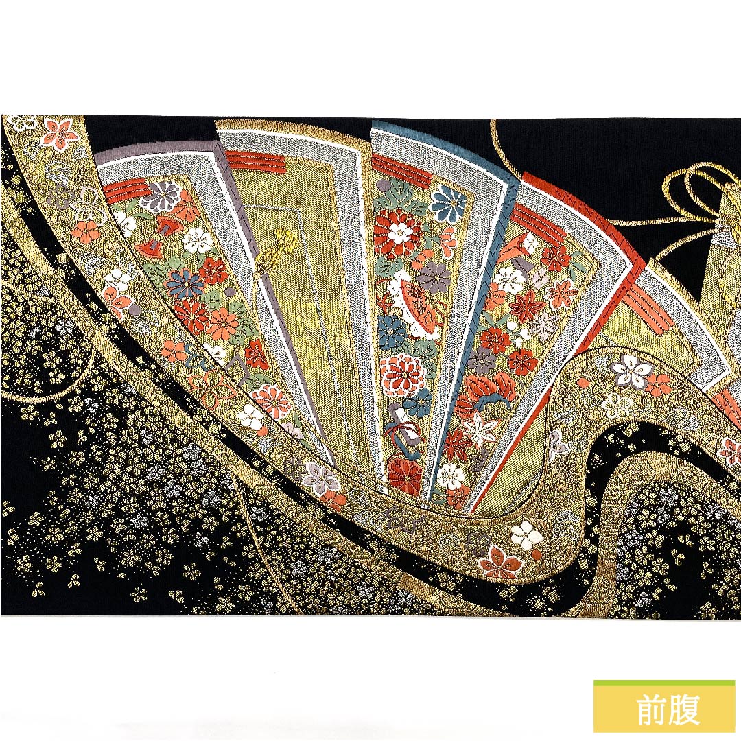袋帯 黒色 鼓典錦 宝尽くし 扇 菊 帯丈456cm 正絹 Sランク 六通 フォーマル 黒系 1123010392410