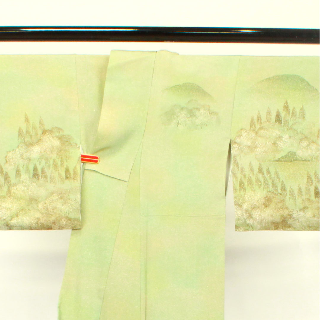 訪問着 袷 身丈156cm 裄丈61.5cm 裏葉色 タタキ染 風景模様 正絹 Aランク 緑系 1112002303319