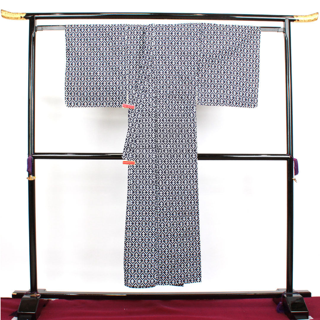 浴衣 男物 幾何学模様 木綿 Bランク 単衣 身丈150cm 裄丈70cm 紺系 1118001614118