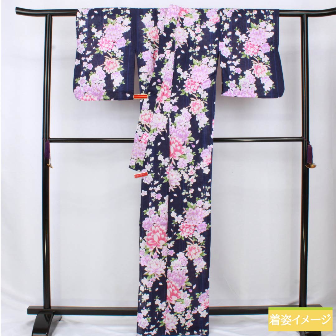 浴衣 木綿 身丈166.5cm 裄丈60cm Sランク 単衣 紺系 緋紺色(ひこんいろ) ダリア ラメ 1118006192518