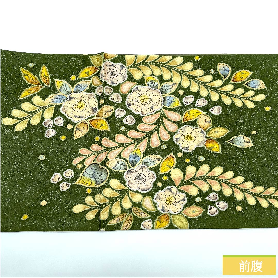 (Unmade) Fukuro Obi, Matsubai-iro (pine-needle color), Tsujigahana, Flower Arabesque, Phoenix, Artist's work, Obi length 464cm, Pure silk, S rank, Point pattern, Formal, Green, 1123010562419