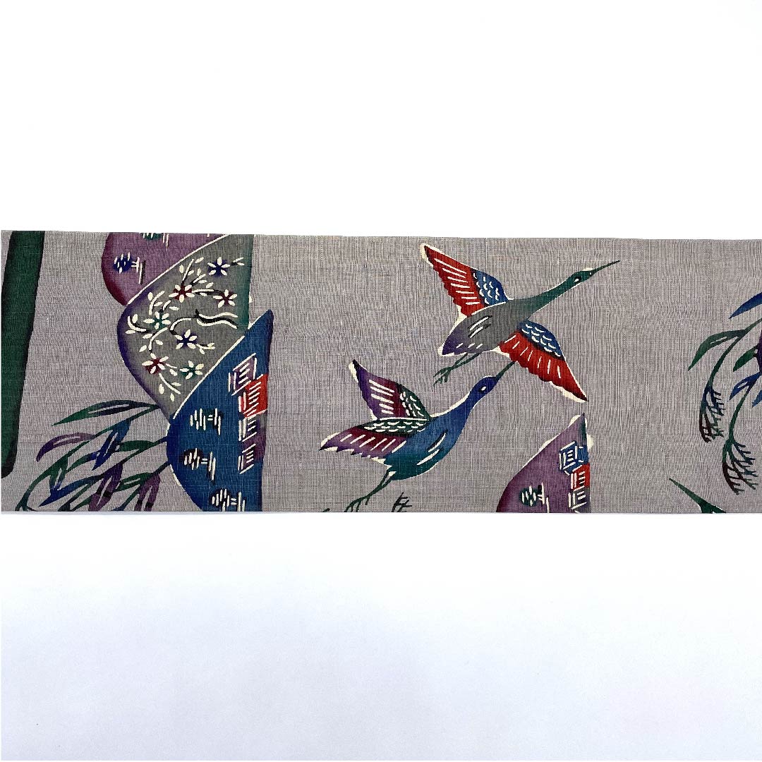 名古屋帯 錫色 鳥 里山の風景 帯丈376cm 正絹 Aランク 全通 カジュアル グレー系 1124005173322 名古屋仕立て