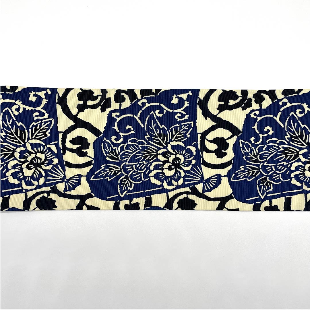 Nagoya obi, light egg-colored, stencil-dyed, fan and flower pattern, obi length 337cm, pure silk, S rank, full-length, casual, cream-colored, 1124005012315, Nagoya-made