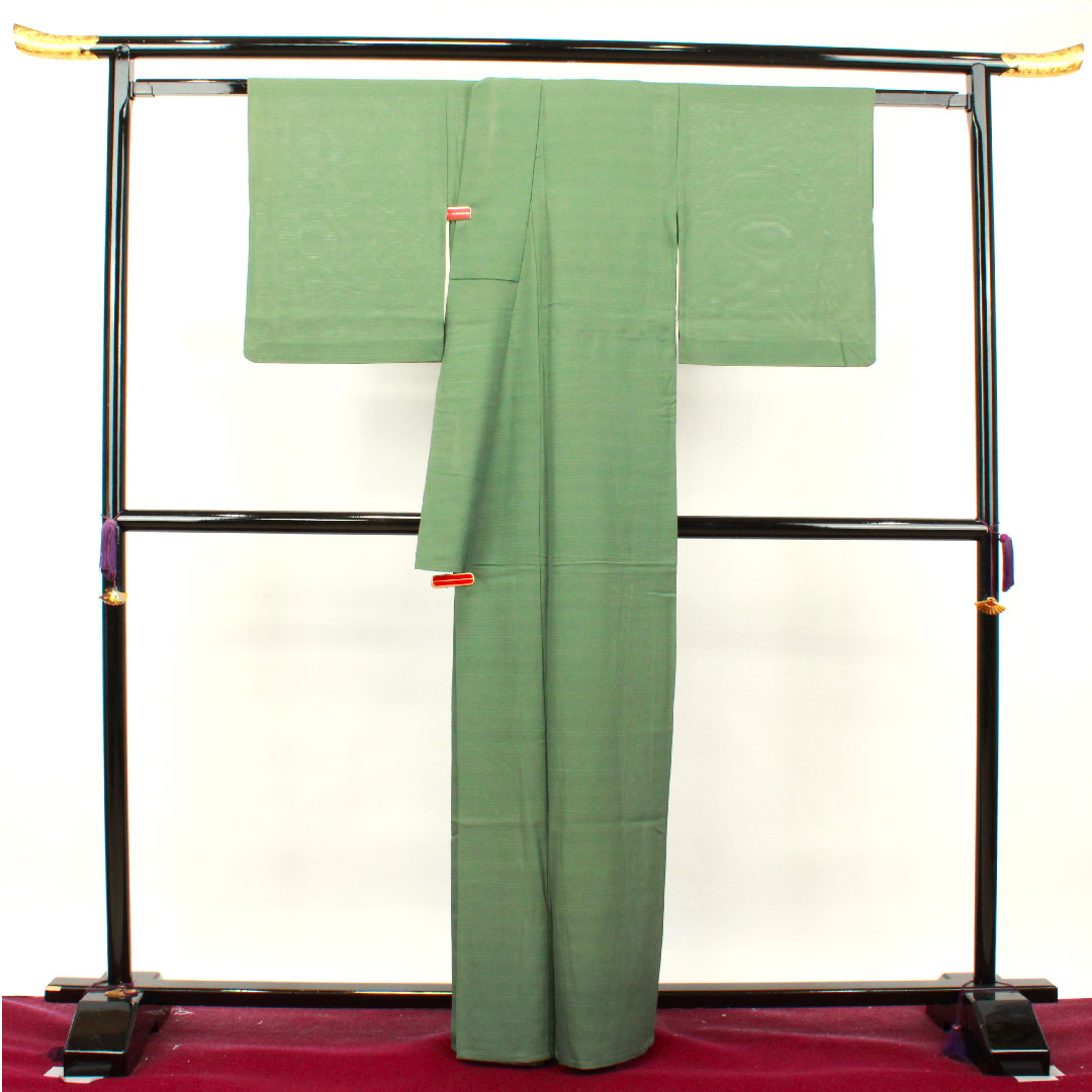 夏物 正絹 色無地 身丈162.5cm 裄丈66cm 笹色(ささいろ) 素無地 絽 Aランク 緑系 1132001073419