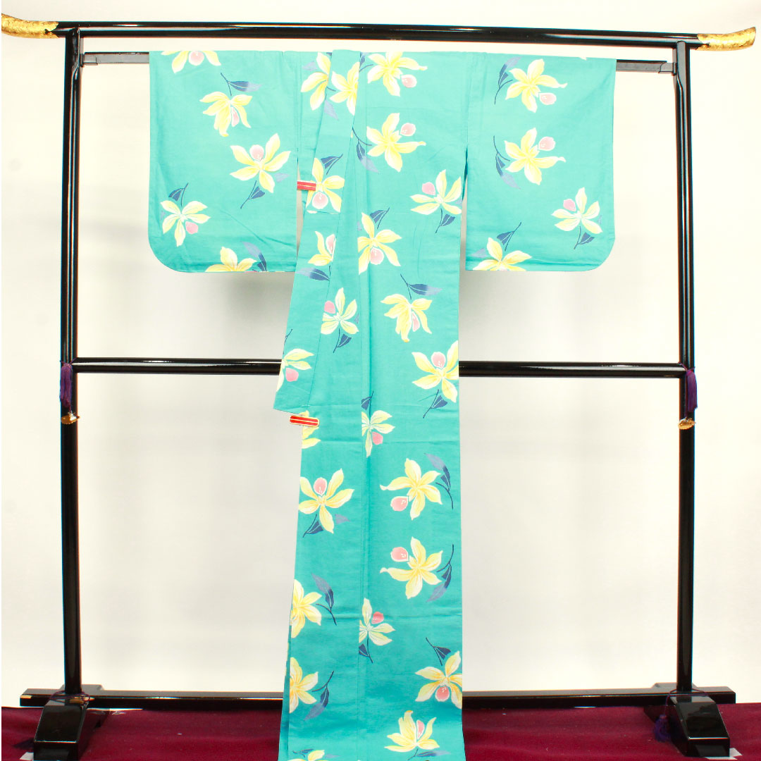 浴衣 水浅葱色 鬼灯 木綿 Sランク 単衣 身丈175.5cm 裄丈70.5cm 水色系 1118003022824