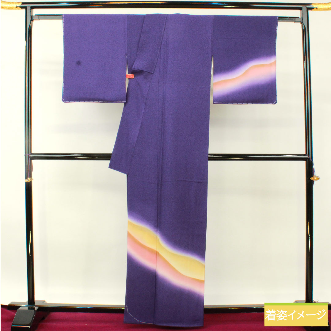訪問着 正絹 袷 身丈163.5cm 裄丈68cm 江戸紫色(えどむらさきいろ) タタキ染 遠山模様 しあわせガード加工 Sランク 紫系 1112004862420
