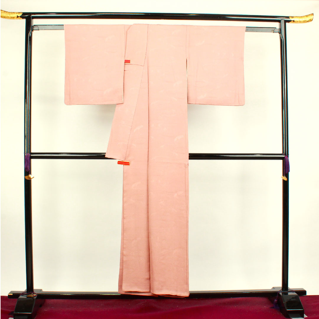 色無地 正絹 水柿色 抽象模様 下り藤 身丈152.5cm 裄丈64cm 袷 Aランク ピンク系 1114000853213