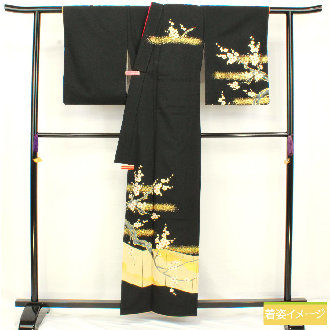 訪問着 ポリエステル 胴抜き 身丈160cm 裄丈64.5cm 洗える着物 梅 重ね衿付き Aランク 黒系 1112005653410