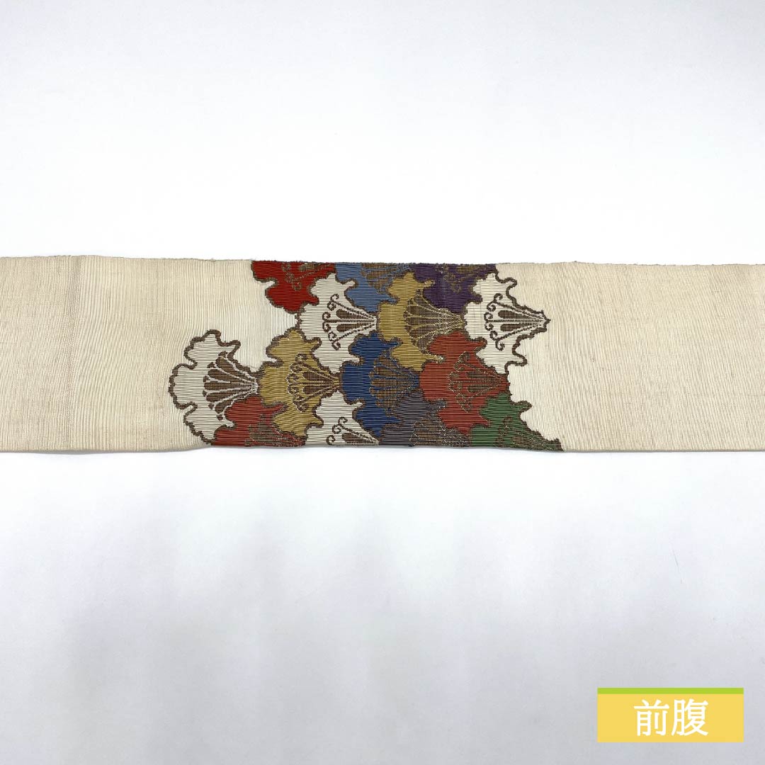 名古屋帯 生成り色(きなりいろ) 紬地 雪輪青海波 帯丈351cm 正絹 Sランク ポイント柄 カジュアル クリーム系 1124008212315 名古屋仕立て