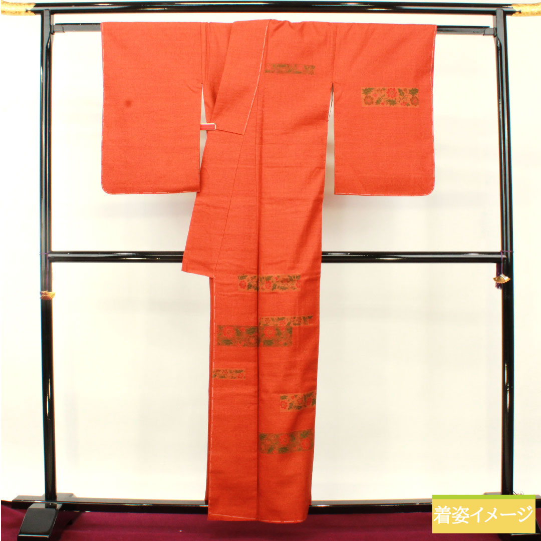 Homongi, pure silk, lined, length 159.5cm, sleeve length 64cm, scarlet, pongee fabric, floral pattern, basting thread included, unused, S rank, orange, 1112004702326