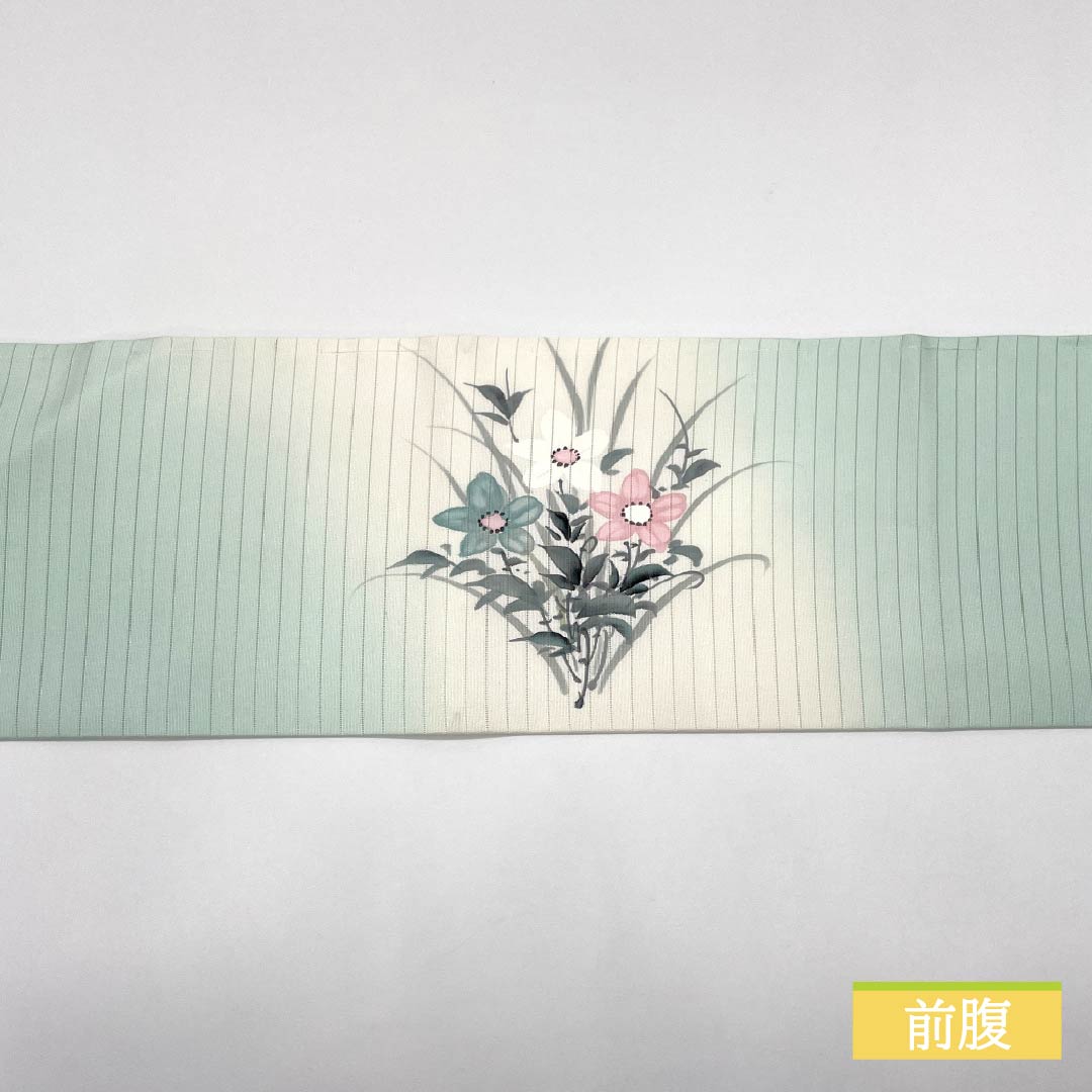 名古屋帯 正絹 薄浅葱色(うすあさぎいろ) 夏帯 作家物 染め帯 帯丈379cm Sランク ポイント柄 セミフォーマル 緑系 1124008552319 名古屋仕立て