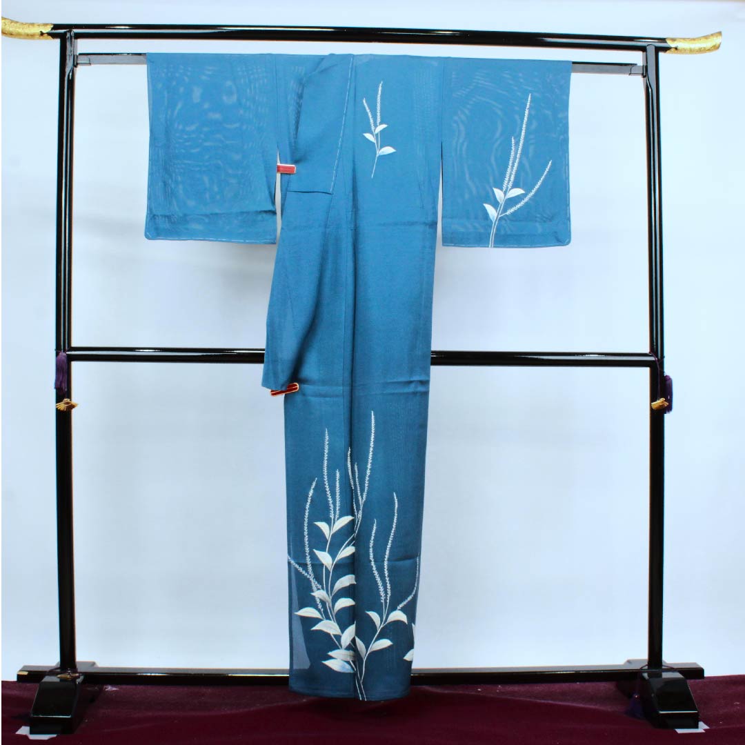 夏物 正絹 訪問着 身丈154.5cm 裄丈63.5cm 中縹色(なかのはなだいろ) 葉模様 しつけ付き 未使用品 絽 Aランク 青系 1132000353217