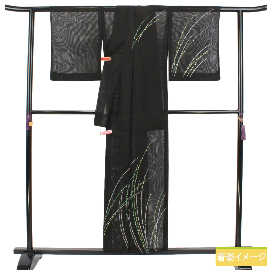 夏物 ポリエステル 付下げ Aランク 身丈154.5cm 裄丈64cm 枝模様 洗える着物 絽 黒系 1132005233210