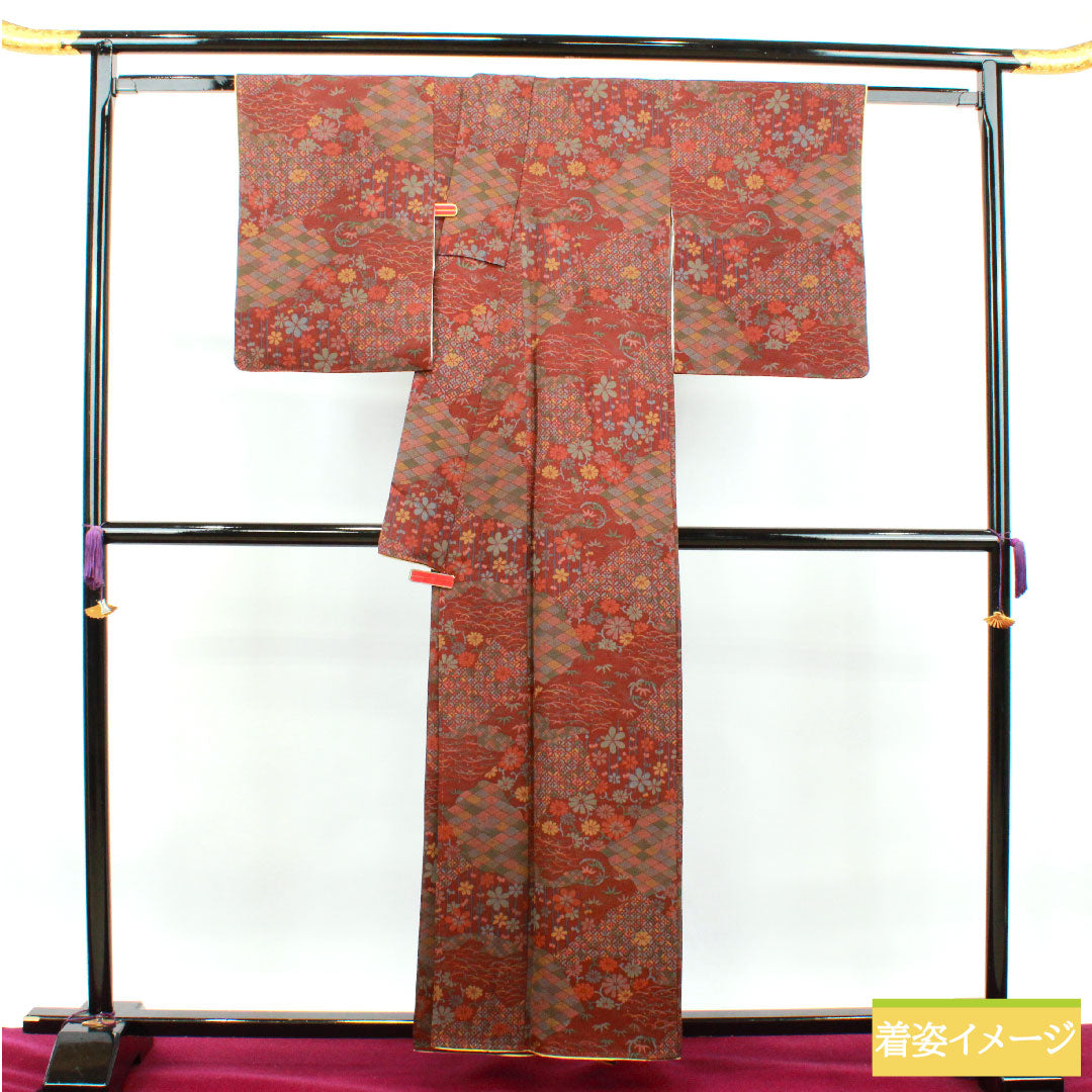小紋 正絹 身丈157.5cm 裄丈63.5cm 袷 褐色 吉祥文様 Aランク 茶系 1115003583314