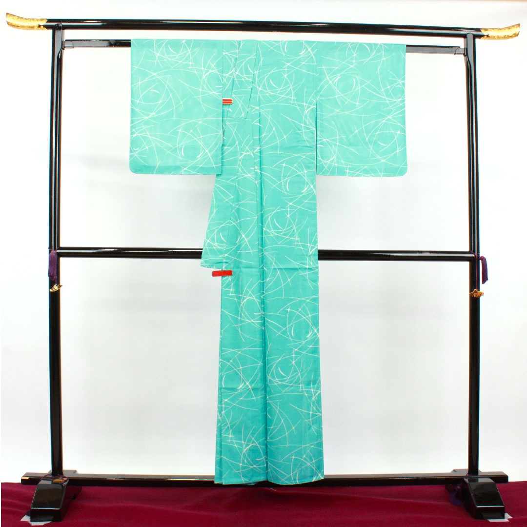 夏物 ポリエステル 小紋 身丈154.5cm 裄丈61.5cm 水浅葱色(みずあさぎいろ) 洗える着物 幾何学模様 絽 Sランク 水色系 1132001722224