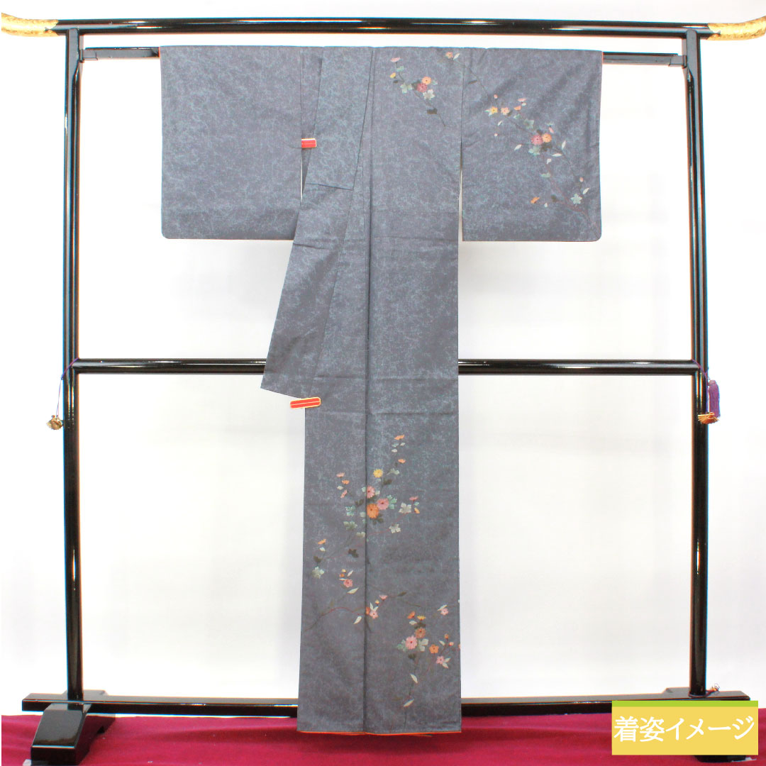訪問着 正絹 袷 身丈161cm 裄丈63cm 灰青色 大島紬 草花模様 作家物 Aランク グレー系 1112004013422