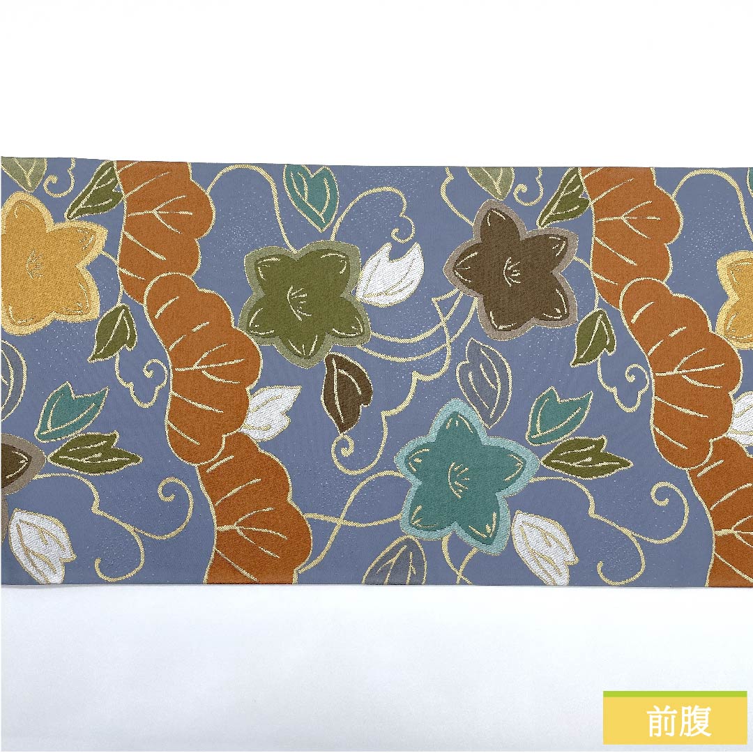 袋帯 湊鼠色(みなとねずいろ) 振袖用 松 花 白綾苑大庭 帯丈433cm 正絹 Sランク 六通 フォーマル 青系 1123009652317