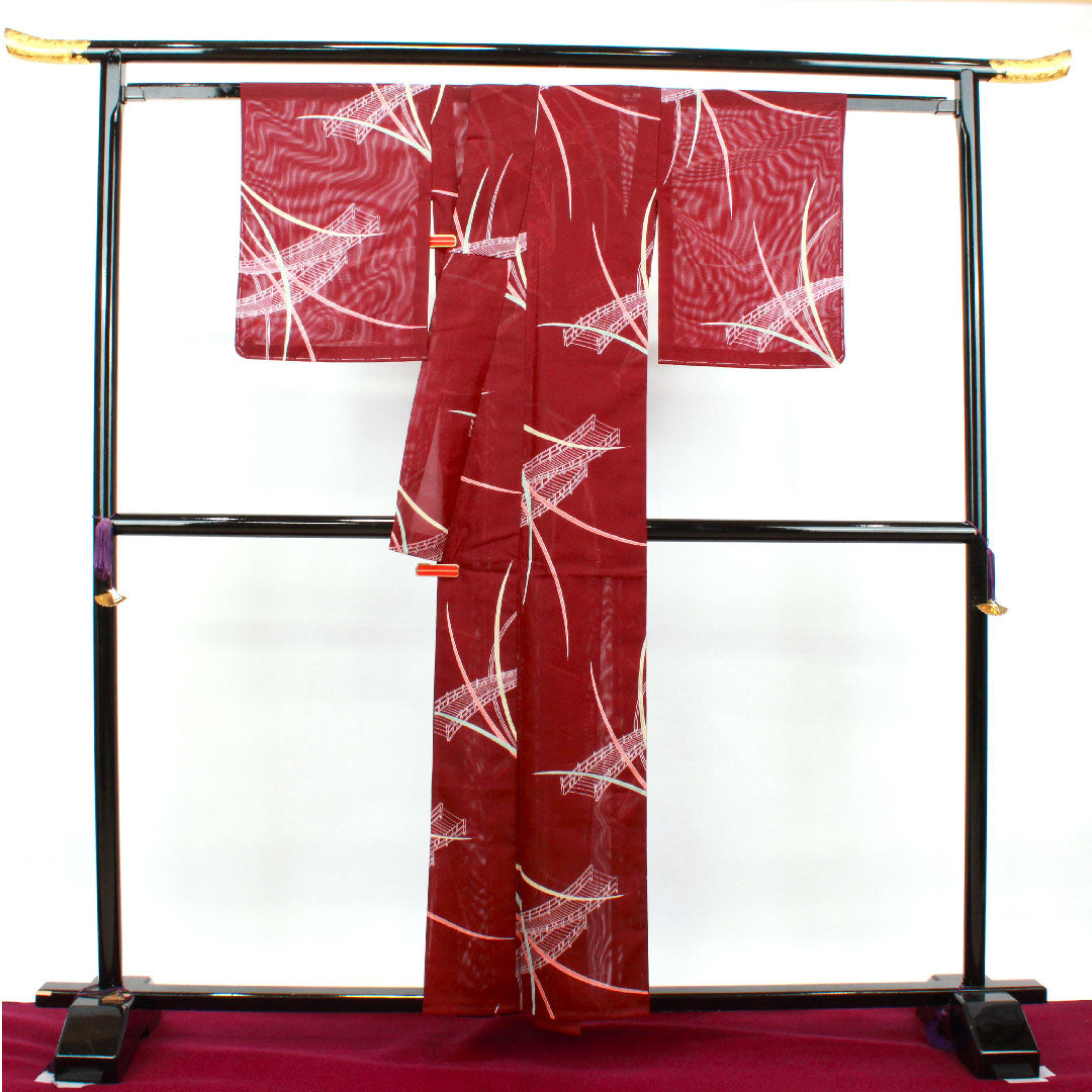 Summer kimono, polyester, small pattern, length 157cm, sleeve length 62cm, light purple, washable kimono, landscape pattern, basting thread included, silk, S rank, purple, 1132001702320