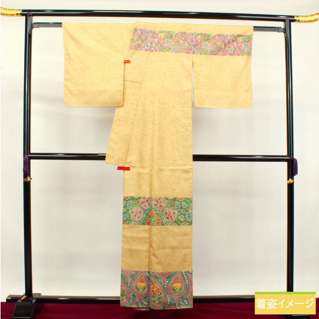 訪問着 正絹 袷 身丈158cm 裄丈65cm 胡桃色 紬地 更紗模様 しつけ糸付き Sランク 黄系 1112003322323