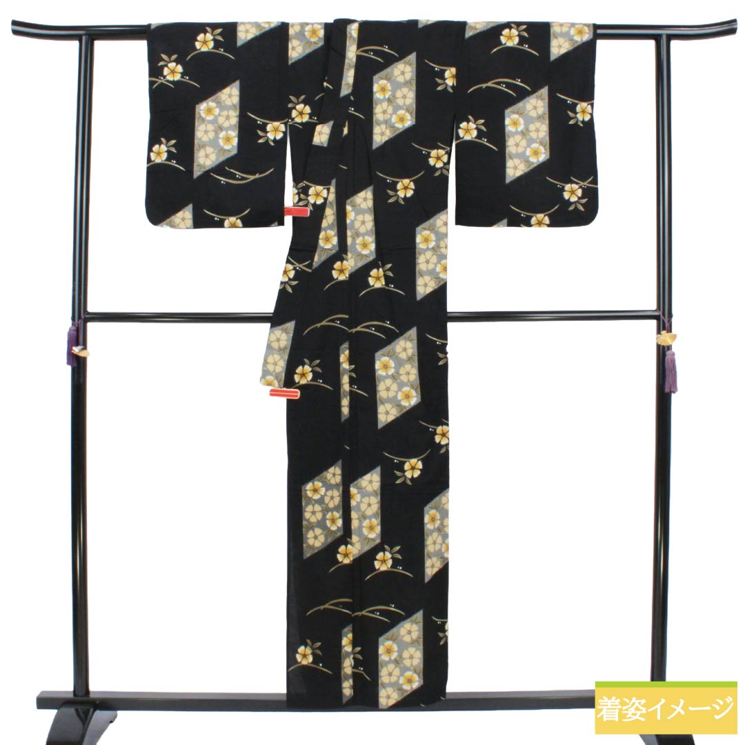 浴衣 木綿 Sランク 身丈154cm 裄丈63.5cm コスモス 露芝 単衣 黒系 1118007662210