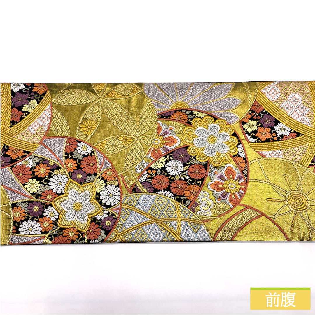 袋帯 正絹 振袖用 毬 花唐草 七宝 帯丈448cm Sランク 六通 フォーマル 金系 1123013672321