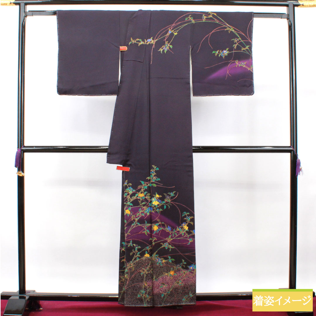Homongi, pure silk, lined, length 158.5cm, sleeve length 65.5cm, brown, floral pattern, basting thread included, unused, S rank, purple, 1112003552320
