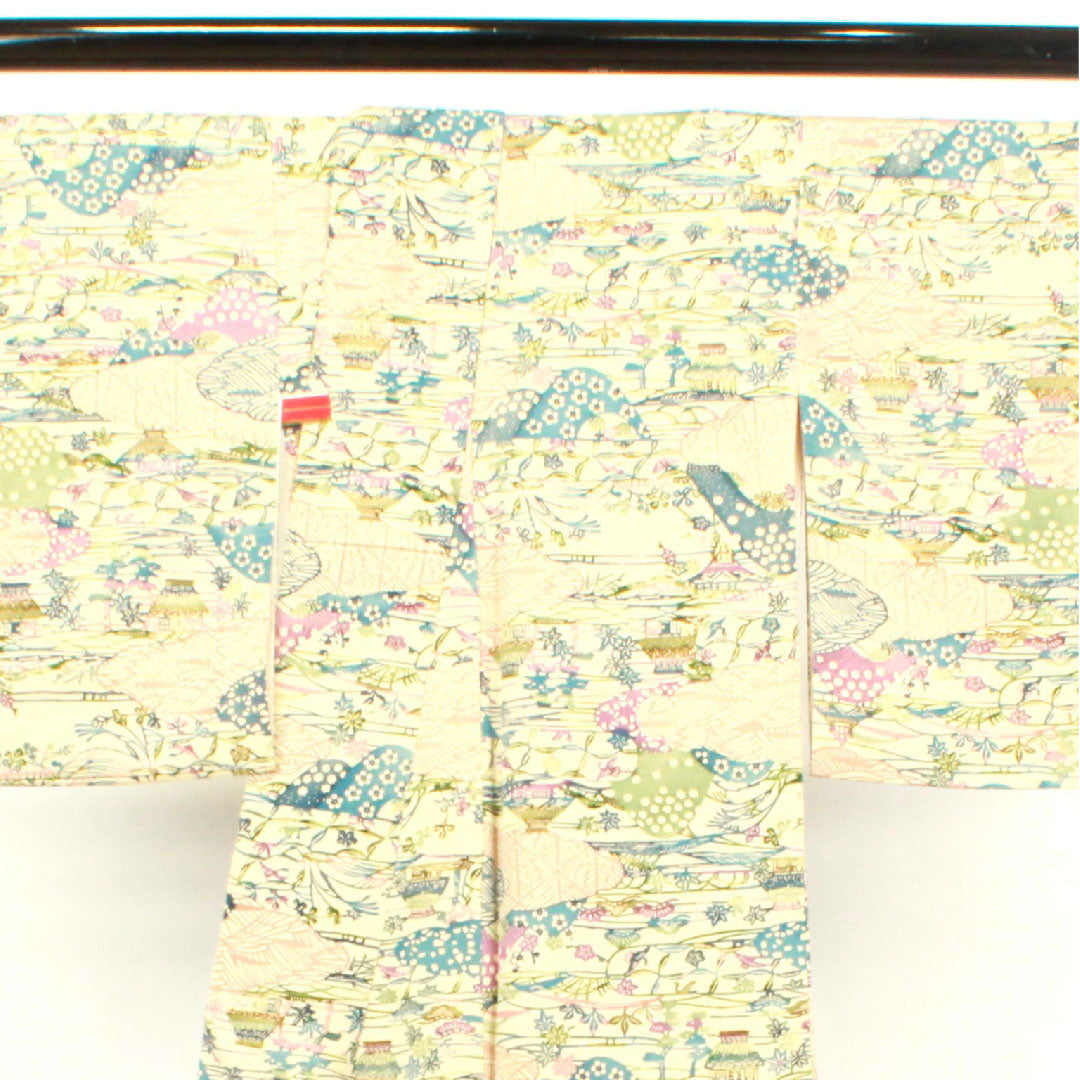 小紋 身丈154.5cm 裄丈61.5cm 袷 砥粉色 紅型 風景模様 正絹 Aランク クリーム系 1115003083215