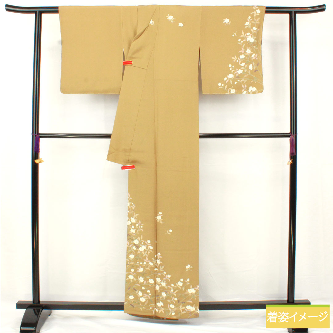 訪問着 正絹 袷 身丈159cm 裄丈62cm 楊梅色(やまももいろ) 京友禅 山茶花 Sランク 黄系 1112005232323