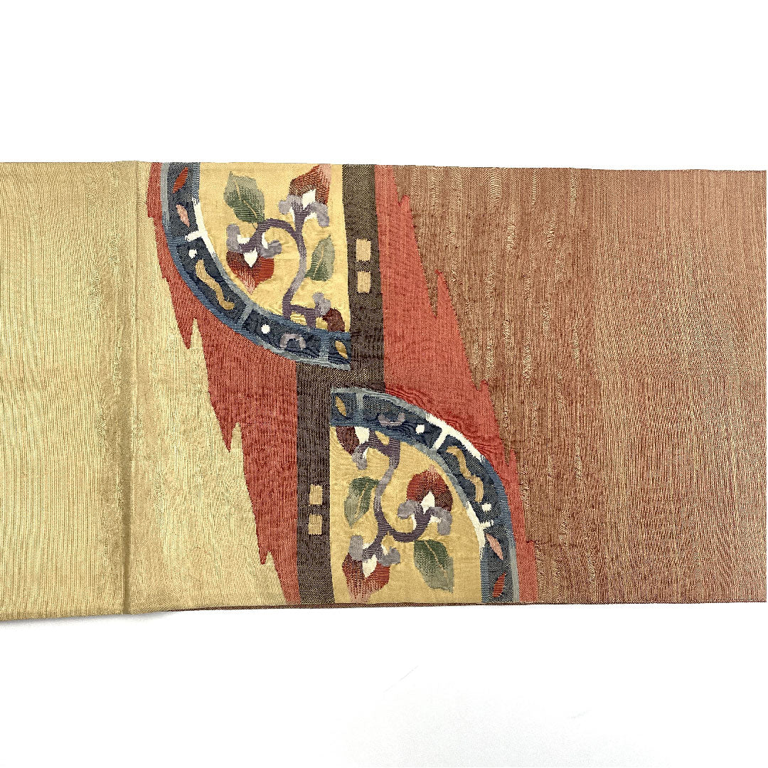 袋帯 すくい織 花唐草模様 帯丈412cm 正絹 Aランク ポイント柄 カジュアル 茶系 1123004153314