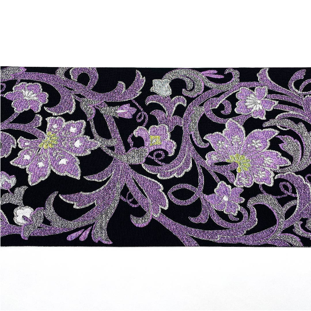 (未仕立)袋帯 黒色 花唐草 藤本隆士 螺鈿作家 西陣京都イシハラ 帯丈472cm 正絹 NEWランク 六通 フォーマル 黒系 1123009061410