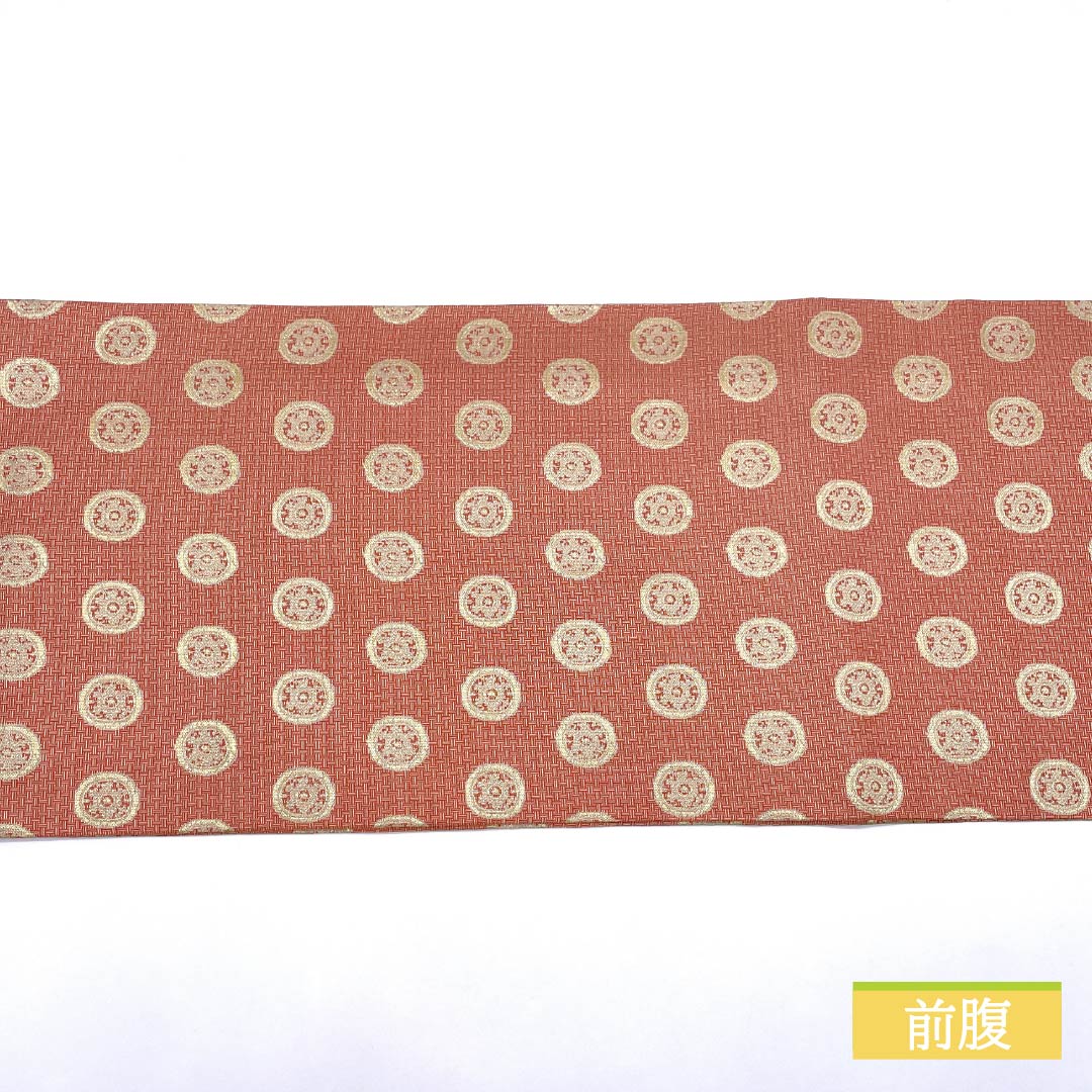 名古屋帯 紅唐色(べにとういろ) 作家物 龍村美術 糸屋輪宝手 帯丈358cm 正絹 Sランク 全通 セミフォーマル 朱系 1124008372316 開き仕立て