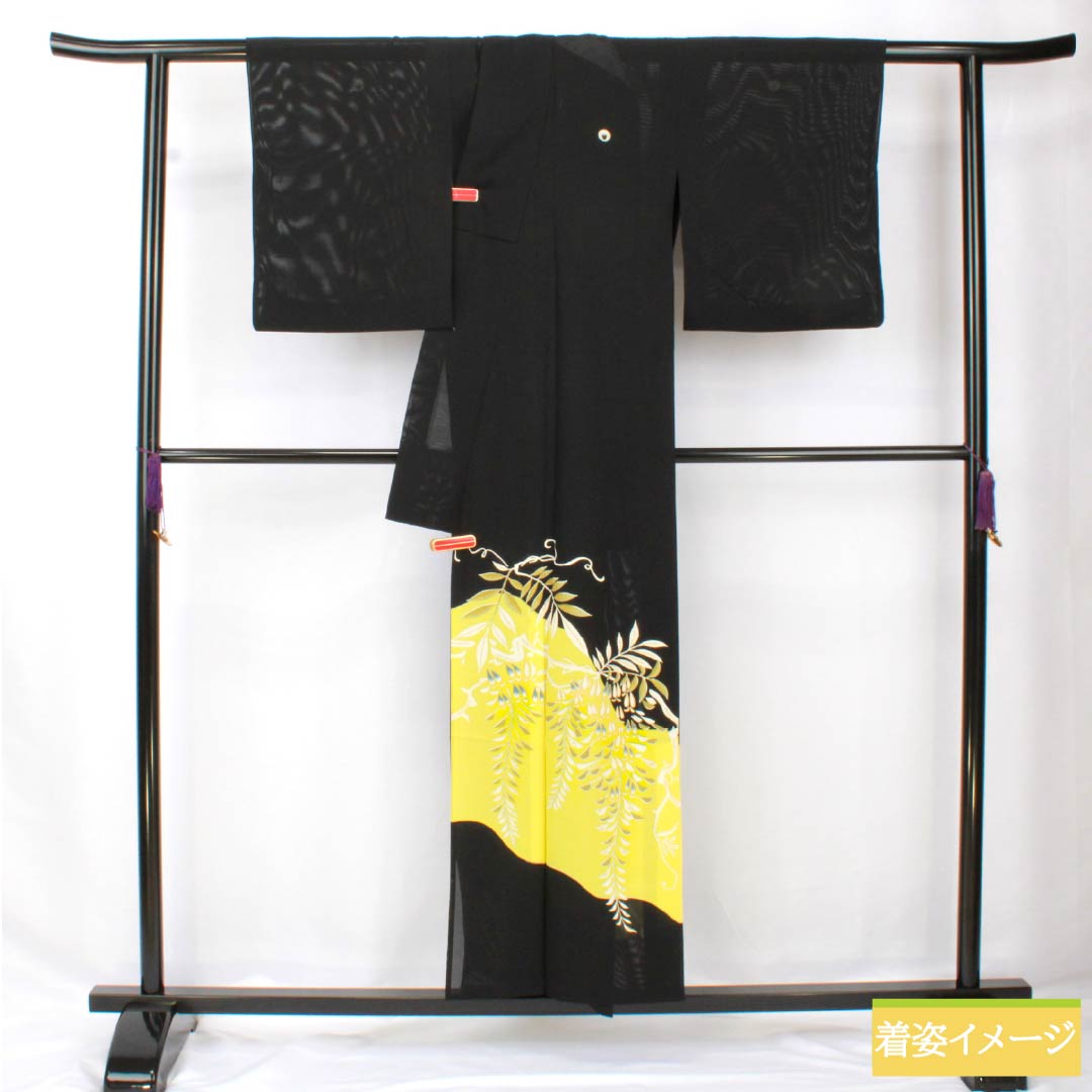 Summer pure silk black formal kimono, length 153cm, sleeve length 62cm, Kyoto yuzen, five crests, wisteria, silk, A rank, black, 1132002103210