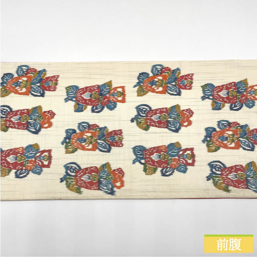 袋帯 正絹 生成り色(きなりいろ) 花模様 帯丈432cm Bランク 全通 カジュアル クリーム系 1123012834315