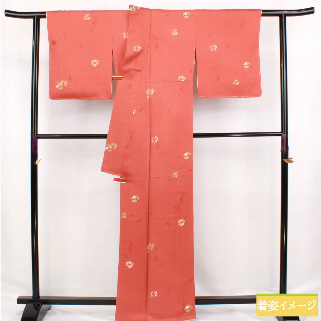 小紋 正絹 身丈163.5cm 裄丈66.5cm 袷 紅唐色(べにとういろ) 型染 花輪 Sランク 朱系 1115006072416