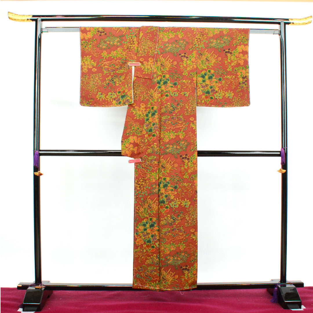 小紋 身丈154.5cm 裄丈61.5cm 袷 錆色 しつけ糸付き 草花模様 正絹 Aランク 茶系 1115003203214