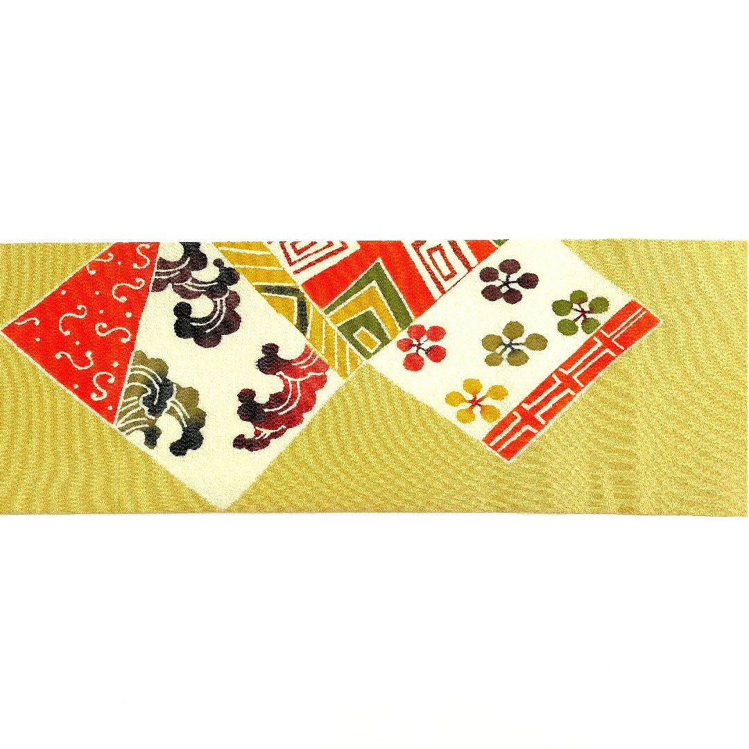 名古屋帯 京紅型 染め帯 縮緬 吉祥文様 帯丈360.5cm 正絹 Aランク ポイント柄 カジュアル 黄系 1124001983323 名古屋仕立て