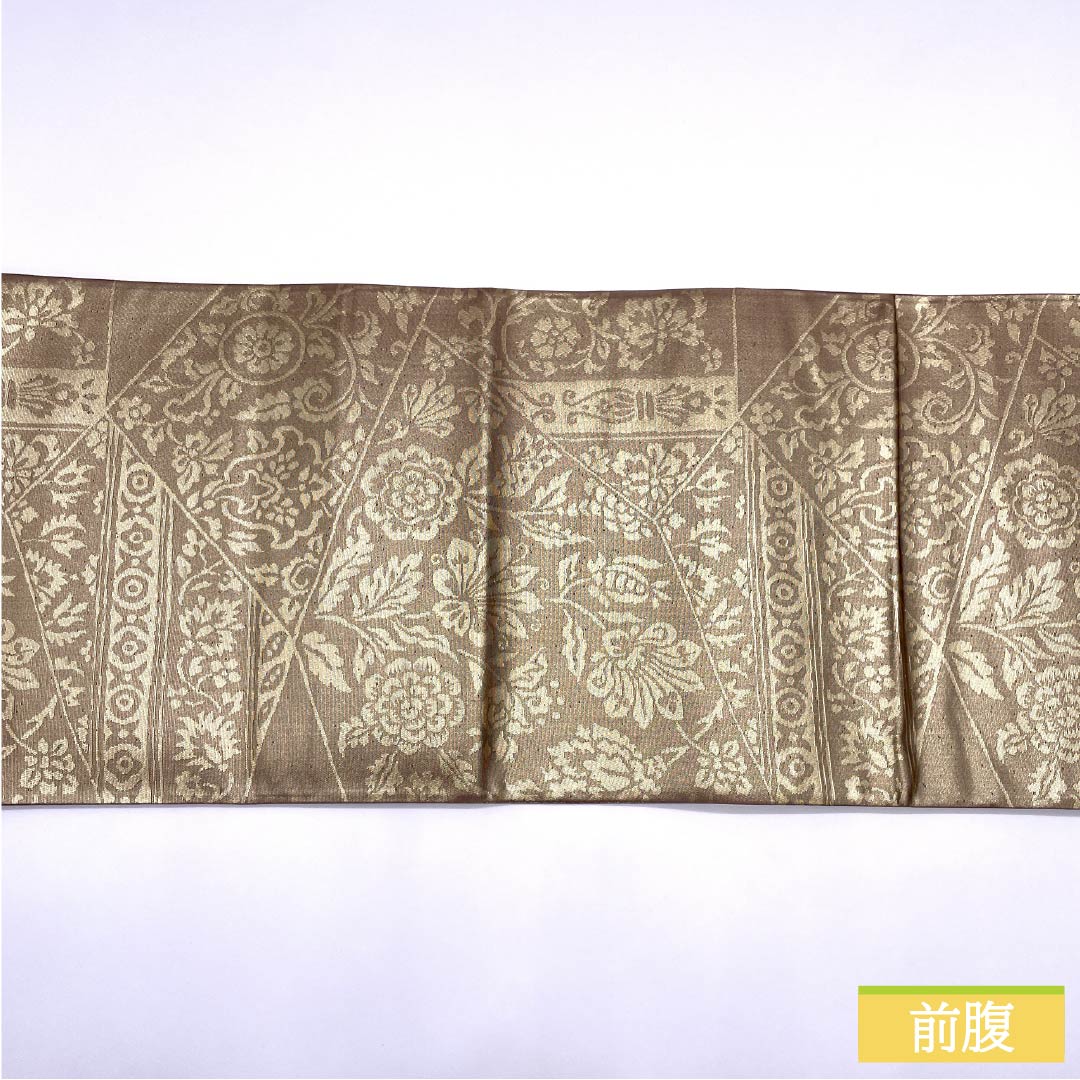 袋帯 正絹 牡丹鼠色(ぼたんねずいろ) 欧風文様 帯丈428cm Bランク 六通 セミフォーマル 金系 1123012314321