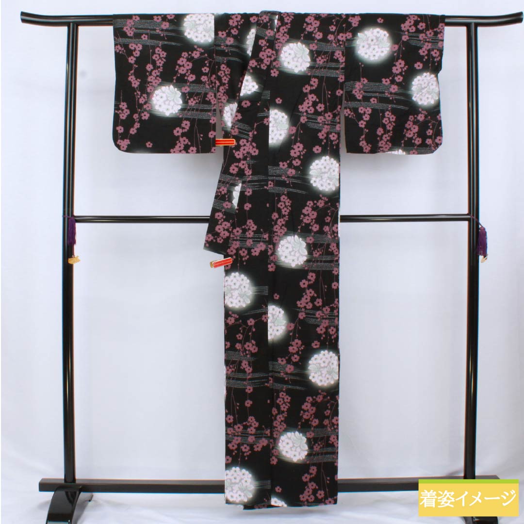 Cotton Yukata, Length 159cm, Sleeve Length 66cm, S Rank, Single Layer, Black with Floral Pattern, Vertical Silk, 1118006462310