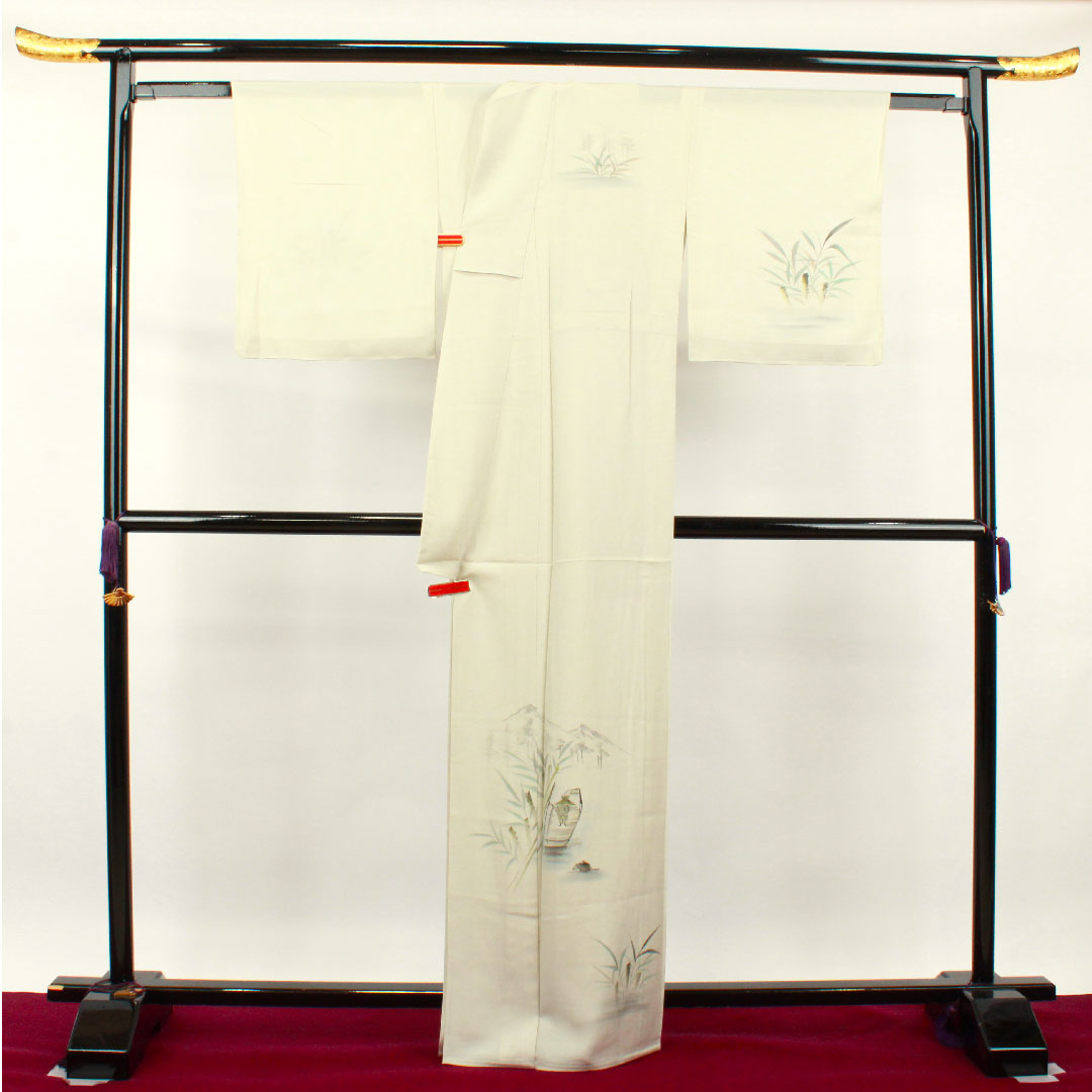 夏物 正絹 訪問着 身丈164.5cm 裄丈65.5cm 卯の花色(うのはないろ) 風景模様 しつけ糸付き 未使用品 絽 Sランク グレー系 1132001562422